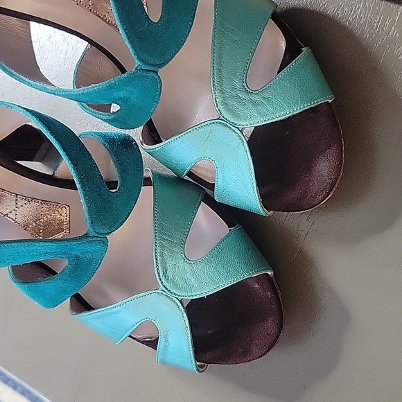 Magrit Spain Leather & Suede Ankle Strap Platform Heels Teal Blue & Brown 37.5 7 - Picture 11 of 16